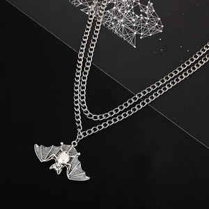 Gothic multi-layer bat pendant necklace in vintage silver finish for Halloween jewelry