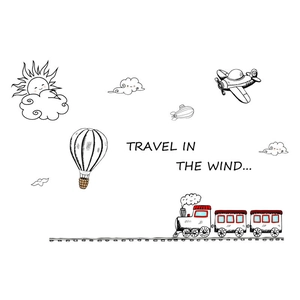 Detail view of cartoon steam train and airplane wall decals for children's room decoration