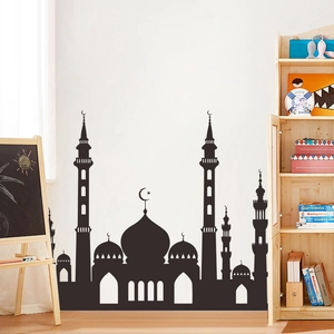 Detalle de vinilo decorativo negro con silueta islámica de mezquita para decoración de hogar