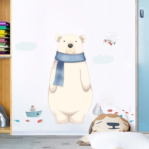 Cartoon polar bear wall decal set with blue scarf and clouds for kids room nursery decor