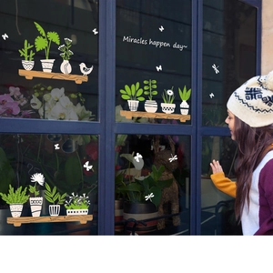 Potted plants wall decals for glass windows with butterfly and dragonfly decorations