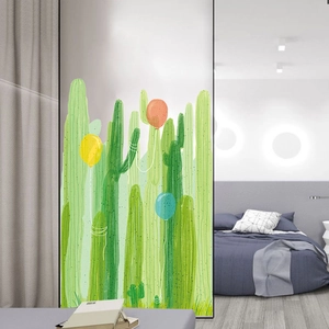Self-adhesive frosted window film with cactus and colorful balloons illustration