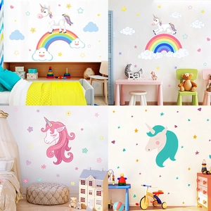 Cartoon Unicorn Rainbow Wall Stickers Kids Room Decor Removable PVC Cloud Star Heart Wall Decals Children Bedroom Decor