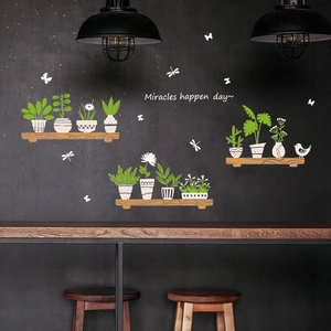 Potted plant wall decals for coffee shops with green leaves and butterfly illustrations