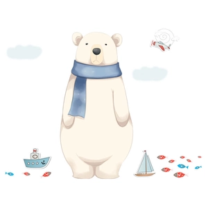 Detail of cartoon polar bear with blue scarf, ships, and planes for kids wall stickers