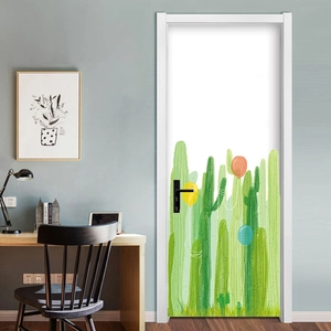Detail of self-adhesive wall stickers with cactus and balloon patterns in a home setting