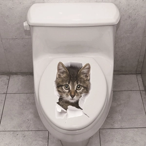 Creative 3D brown tabby cat wall sticker with realistic broken wall effect for toilets