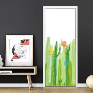 Detail of self-adhesive cactus and balloon door sticker in a modern interior setting