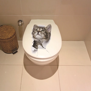 Creative 3D wall sticker featuring a realistic gray tabby cat peering from a toilet lid