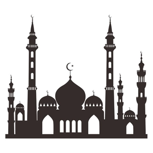 Detalle de un adhesivo de pared negro con silueta de mezquita islámica y luna con estrellas