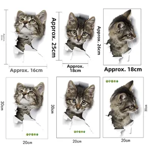 Detail view of 3D realistic tabby cat wall stickers with multiple size specifications