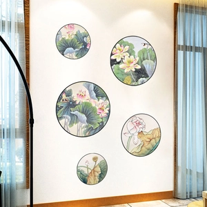 Chinese style lotus flower wall stickers set with pink lotus and green leaves decoration