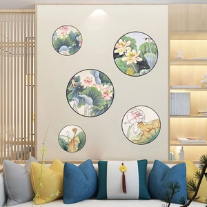 Chinese style lotus ink painting wall stickers set of 5 for modern living room decor