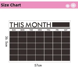 Size guide for blackboard wall sticker showing dimensions 57cm by 36.5cm with calendar grid