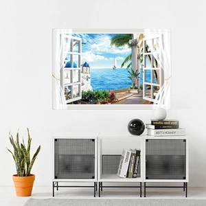 3D Mediterranean Santorini sea view wall sticker with white window frame and curtains