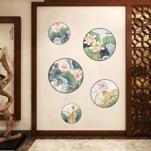 5-piece Chinese style lotus flower wall decals set for home decor and study rooms