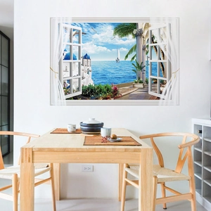 3D Santorini Mediterranean fake window wall sticker featuring blue domed sea landscape