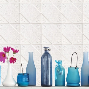 White 3D embossed brick wallpaper with floral patterns and geometric square design