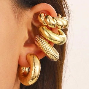 Chic 4-piece set of gold plated chunky ear cuffs and earrings with textured design