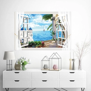 Mediterranean Santorini style fake window wall sticker with blue ocean and white buildings
