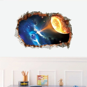 Dettaglio dell'adesivo murale 3D buco nero spaziale con vista galassia su muro rotto