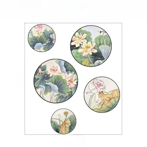 Detail of Chinese lotus wall stickers with five ink-wash circular patterns and size dimensions