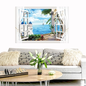 3D Fake Window Wall Sticker Mediterranean Santorini Sea View PVC Removable Landscape Mural For Home Living Room Bedroom Decoration