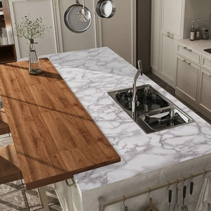 Self-adhesive white marble and dark wood texture wallpaper for kitchen counter renovation