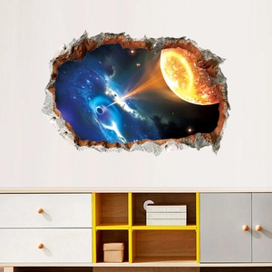 Dettaglio dell'adesivo murale 3D effetto muro rotto con pianeti e nebulose