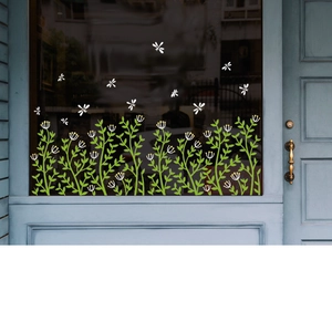 Green floral glass window sticker with flying dragonflies for cafe shop decoration