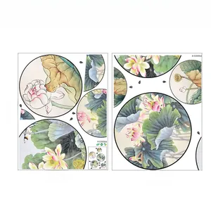 Chinese ink style lotus flower wall sticker layout details with kingfisher, 45x60cm size