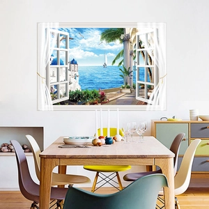 Detail of 3D Mediterranean Santorini window wall sticker with blue dome and sea view