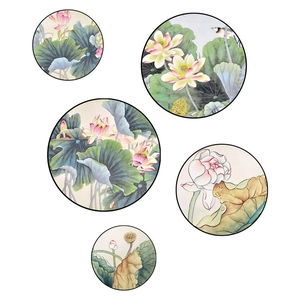 Five-piece set of Chinese style lotus wall decals featuring pink flowers and birds