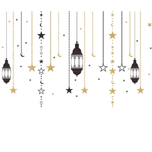 Detail of Ramadan hanging wall decals featuring black lanterns and gold glitter stars