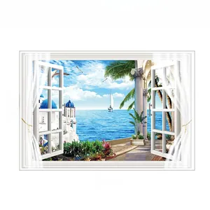 3D Mediterranean window wall sticker showing Santorini sea view dimensions 83x56cm