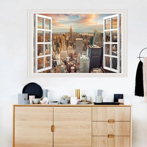 3D window view wall sticker with New York City sunset landscape for room decoration