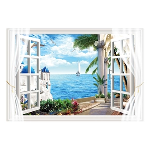 Detailed 3D Mediterranean false window wall sticker with scenic view of Santorini blue sea