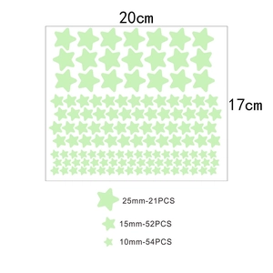 Detailed sheet of luminous star wall stickers showing sizes from 10mm to 25mm