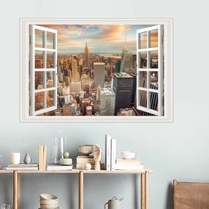 3D fake window wall sticker featuring sunset NYC skyline and Empire State Building view