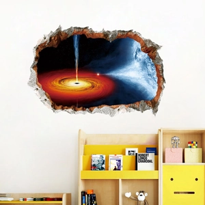 Dettaglio dell'adesivo murale 3D buco nero spaziale con effetto muro rotto su parete bianca