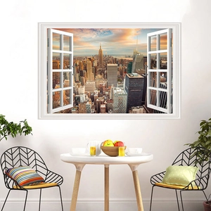 3D fake window wall sticker featuring sunset city skyline view for bedroom decor
