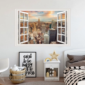 3D fake window wall sticker featuring Manhattan sunset skyline for home bedroom decor