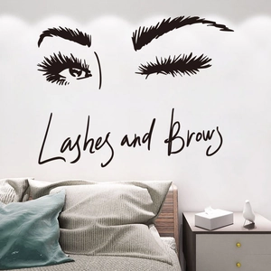 Modern black PVC wall sticker with long lashes and brows design for bedroom decoration