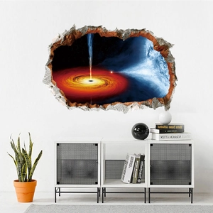 Dettaglio dell'adesivo murale 3D buco nero spaziale con effetto muro rotto e galassia