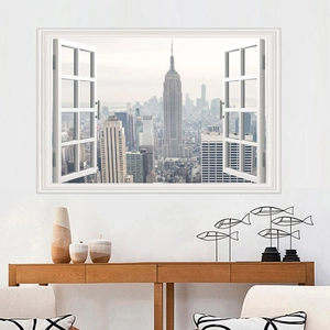 3D fake window wall sticker featuring a New York Manhattan skyline dawn city view