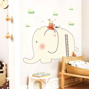 Cute cartoon elephant and giraffe wall decal for kids room with colorful tree and cloud motifs