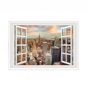 Detailed view of sunset city skyline 3D wall decal showing dimensions 84cm by 56cm
