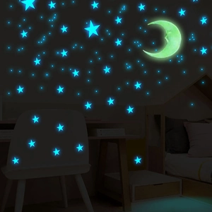 Glow in the dark wall stickers featuring luminous blue stars and a yellow moon set