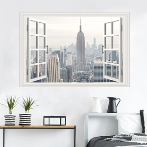 Modern 3D window wall sticker featuring a realistic New York City skyline view