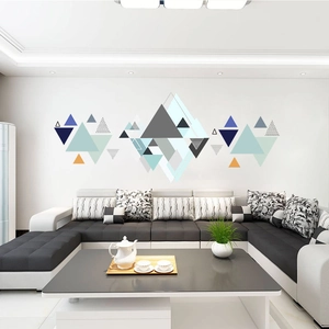 Modern geometric triangle wall stickers in blue and grey for minimalist living room decor